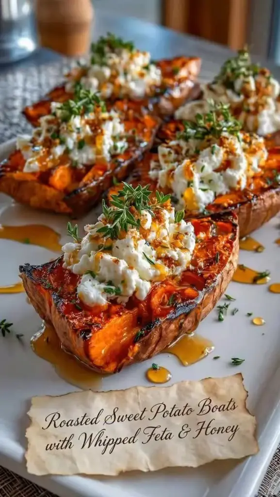 Roasted sweet potato boats topped with whipped feta and drizzled with honey