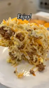 Sausage Hash Brown Breakfast Casserole baked to perfection