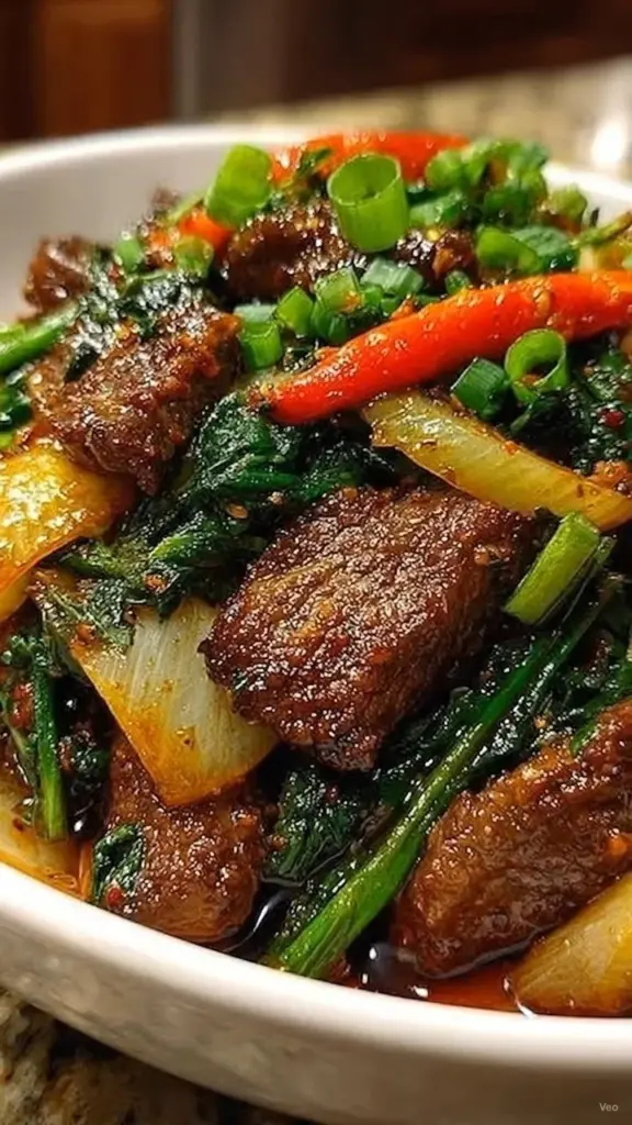 Savory Cantonese beef and sweet onion skillet dish garnished with herbs