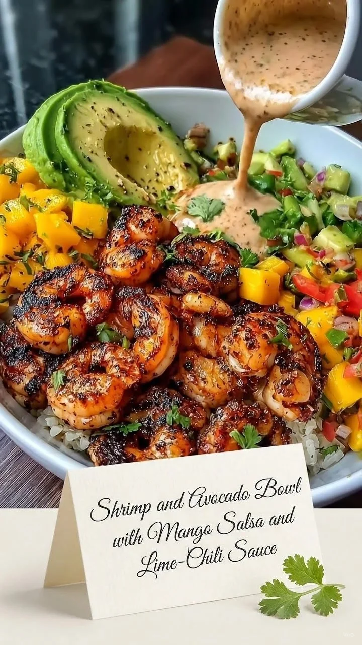 Shrimp avocado bowl with mango salsa and lime-chili sauce.