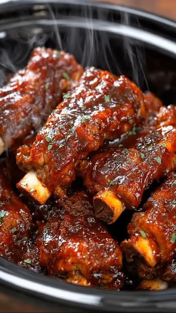 Delicious slow cooker BBQ ribs served with sauce and sides