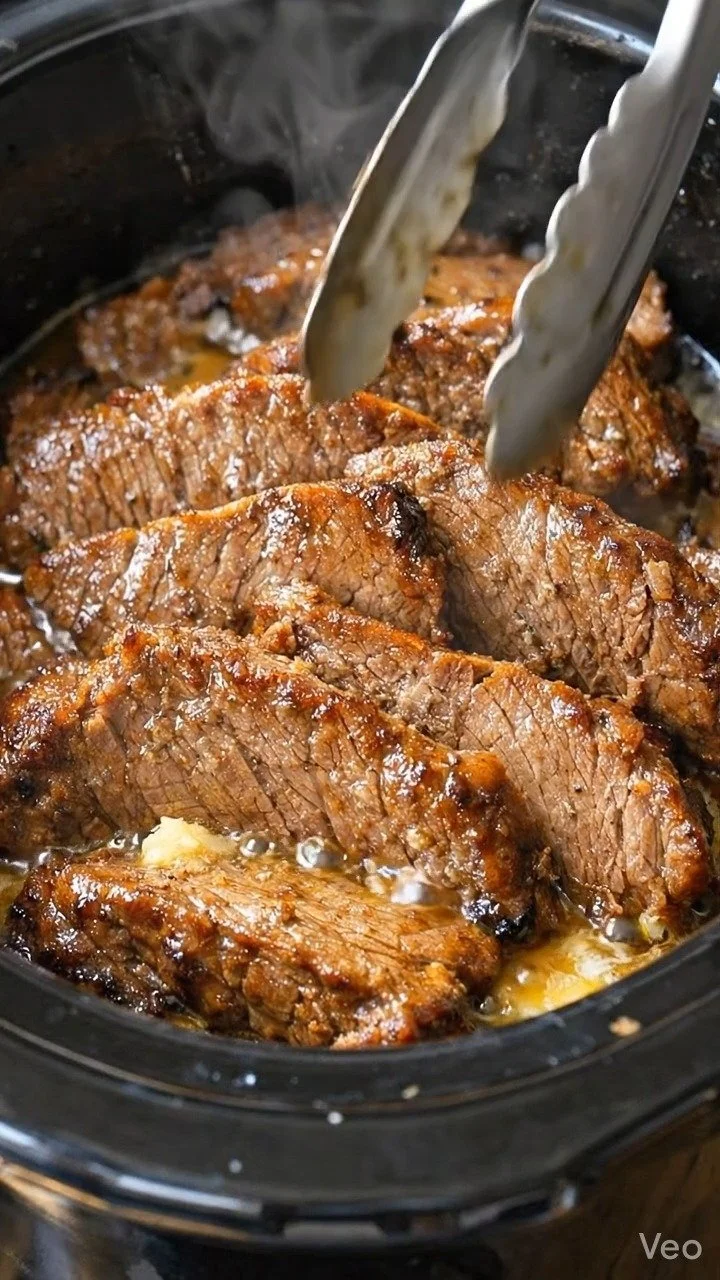 Delicious slow cooker beef brisket served on a platter with savory sauce