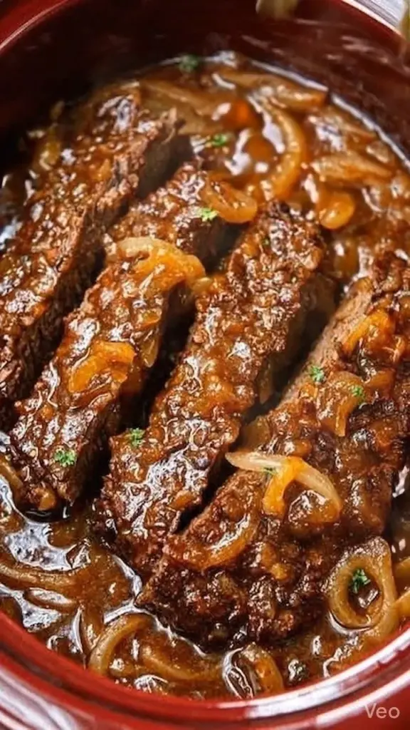 Slow cooker braised beef short ribs garnished with fresh herbs