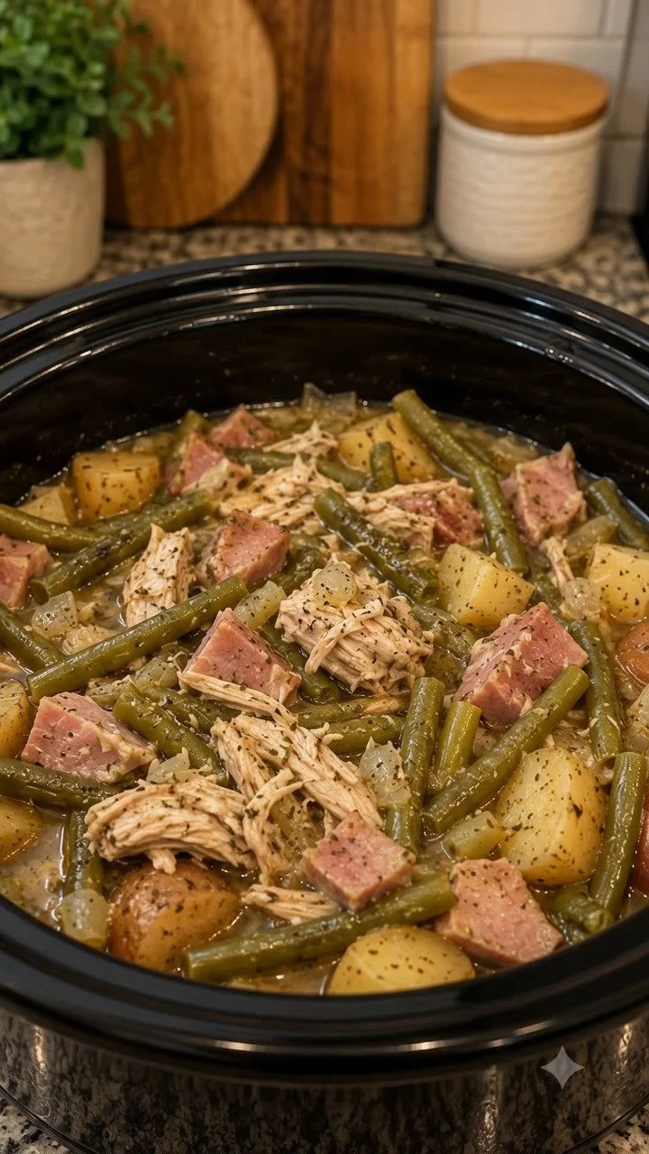 Slow cooker chicken with ham, green beans, and potatoes in a bowl
