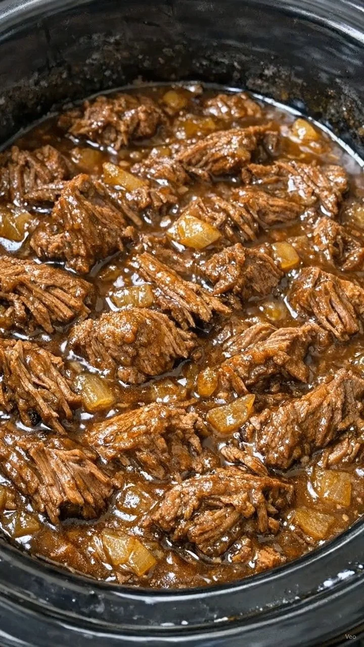 Delicious slow-cooker shredded beef served in a bowl with herbs.