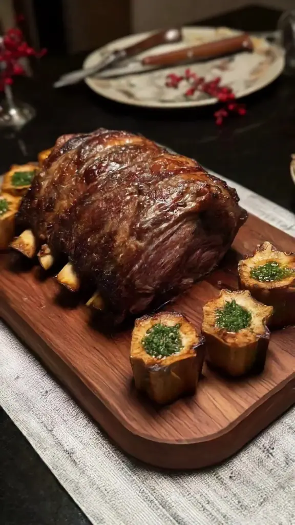 Smoked beef marrow roast served with herbs and spices on a wooden cutting board