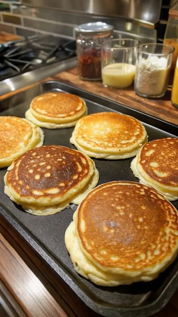 Fluffy sourdough pancakes served on a plate with syrup and berries