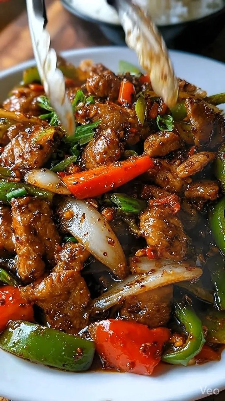 A delicious plate of spicy black pepper chicken stir-fry with vibrant vegetables.