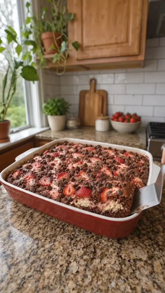 A slice of Strawberry Earthquake Cake showcasing strawberries and cream topping.