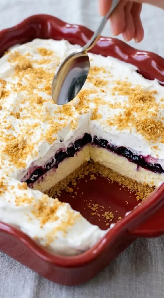 Sugar-free no-bake lemon blueberry dessert served in a glass dish