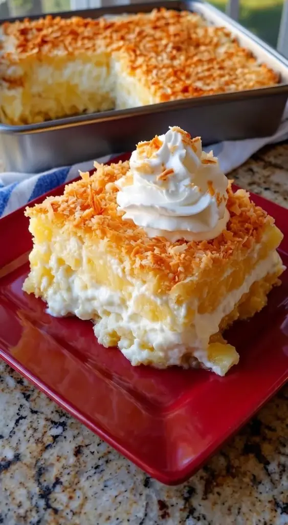 Sugar-Free Pineapple Coconut Cake topped with fresh pineapple and coconut flakes