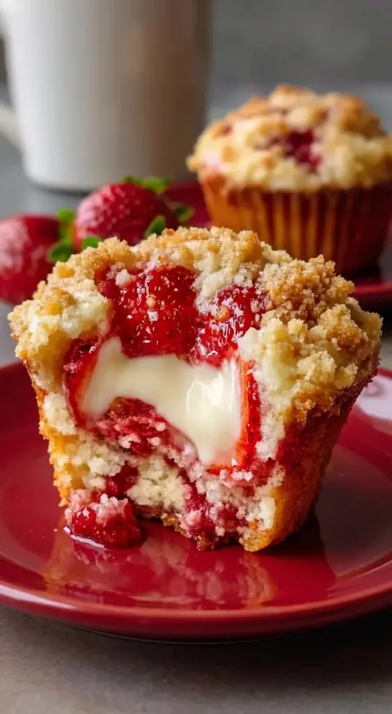 Sugar-free strawberry muffins with cream cheese filling on a wooden table