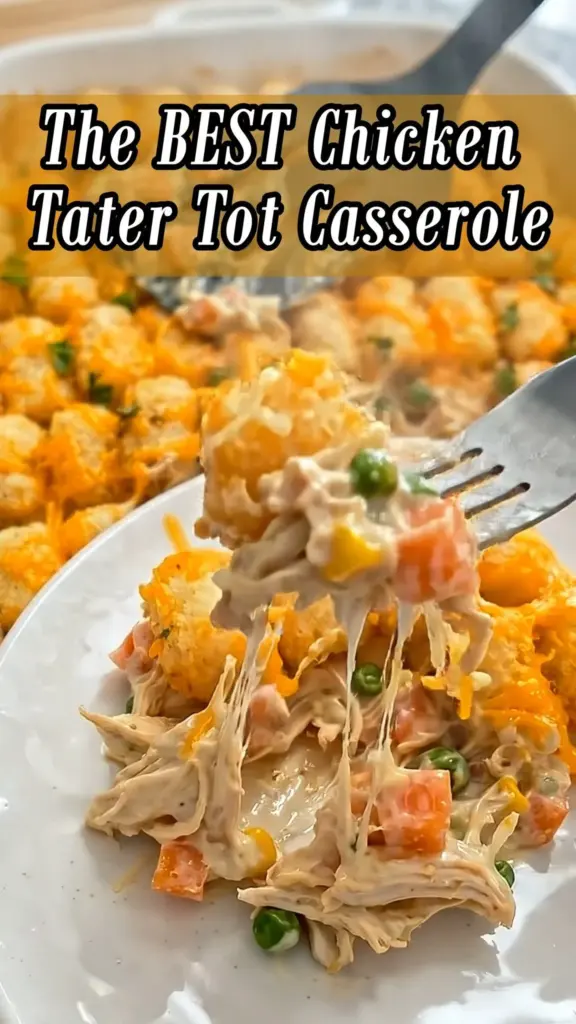 Delicious Chicken Tater Tot Casserole with tater tots, chicken, and cheese