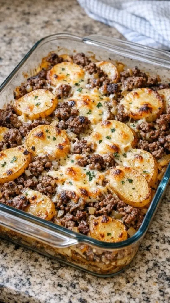 Golden potato casserole with cheesy beef in a skillet bake
