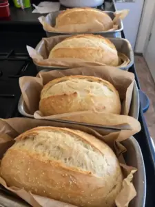 Freshly baked no-knead sandwich bread loaf on a wooden cutting board