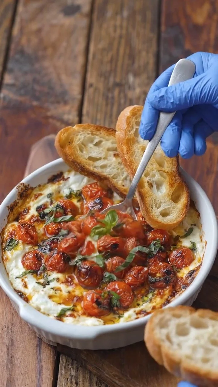 Three Cheese Tomato Bruschetta Dip with fresh ingredients and bread