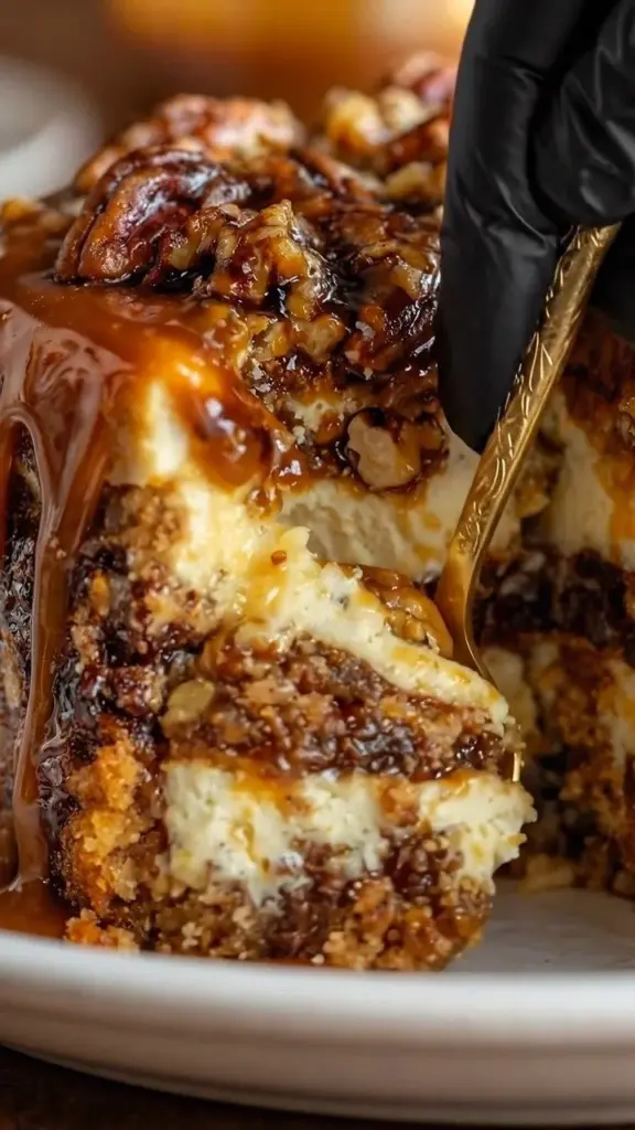 Delicious Turtle Caramel Cake topped with chocolate and caramel drizzle
