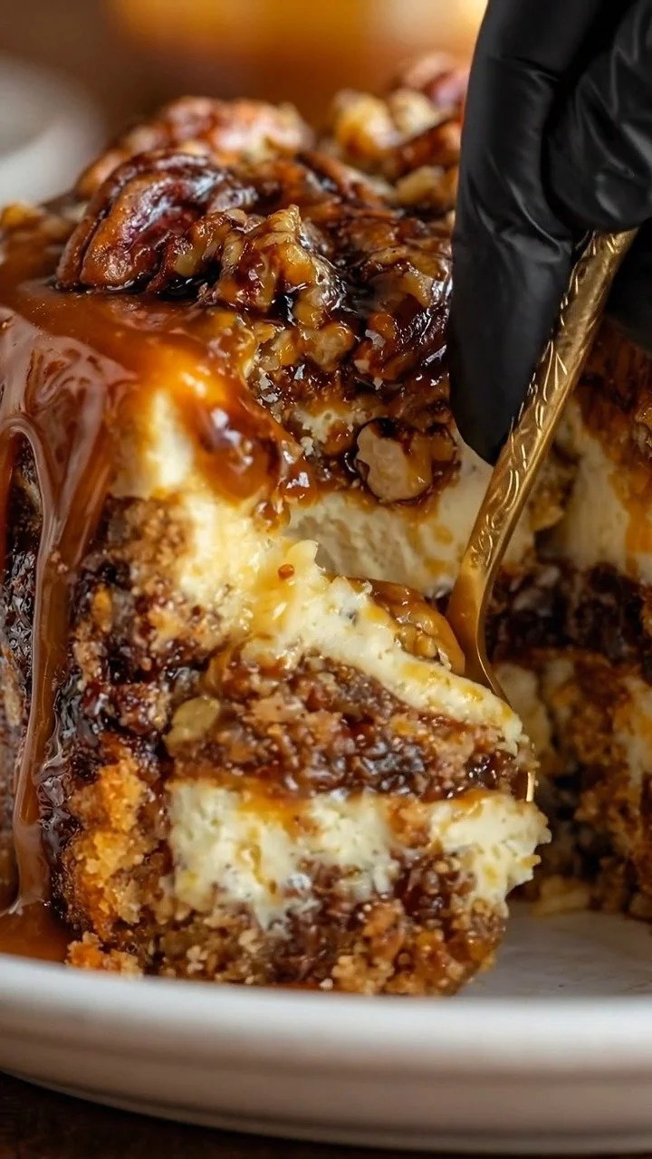 Delicious Turtle Caramel Cake topped with chocolate and caramel drizzle