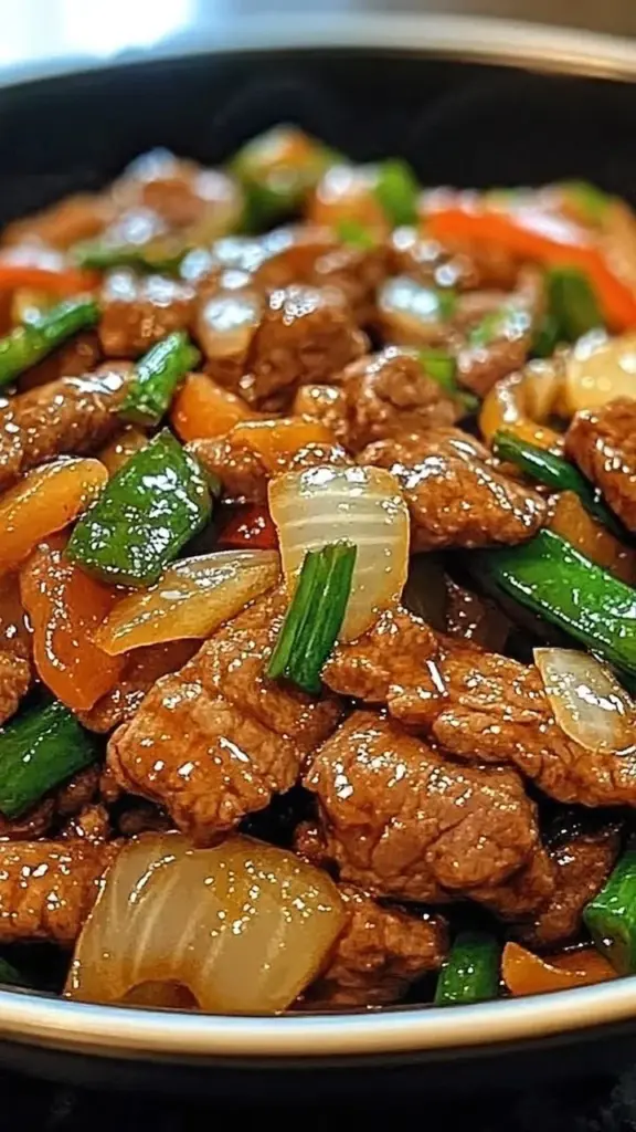 Plate of Velveted Chinese Beef with Sweet Onions and Garlic Soy Glaze