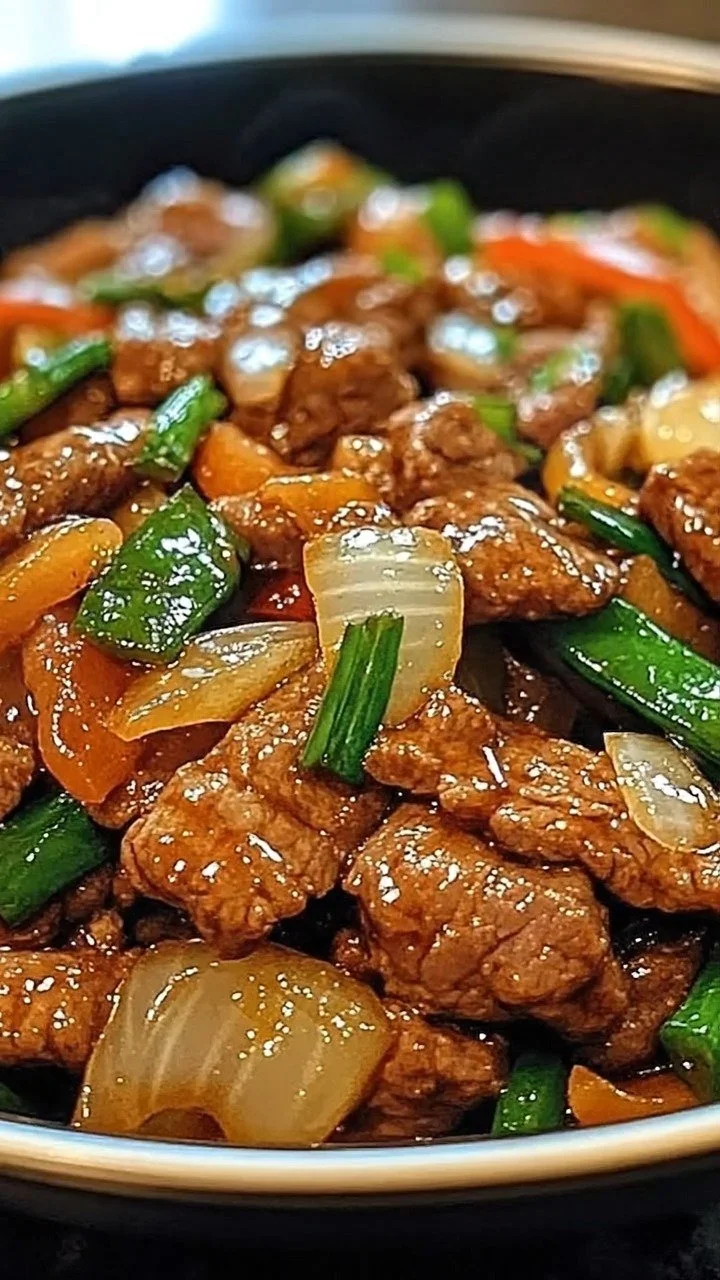 Plate of Velveted Chinese Beef with Sweet Onions and Garlic Soy Glaze