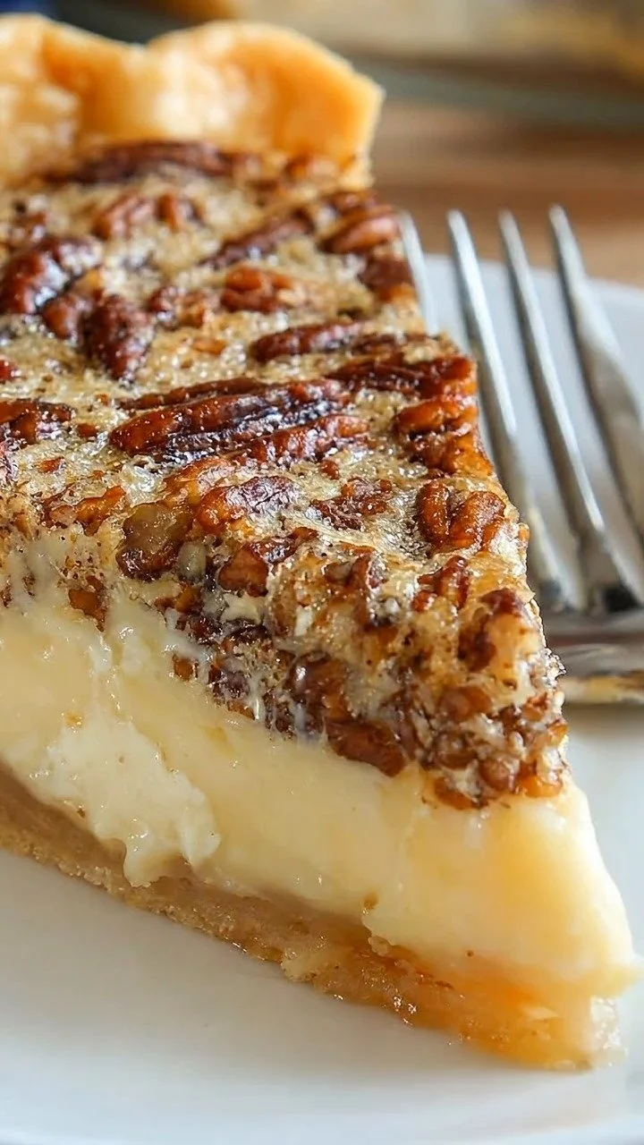 Delicious velvety condensed milk pecan pie on a dessert table
