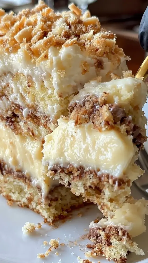 White German chocolate cake with cheesecake center, sliced on a plate