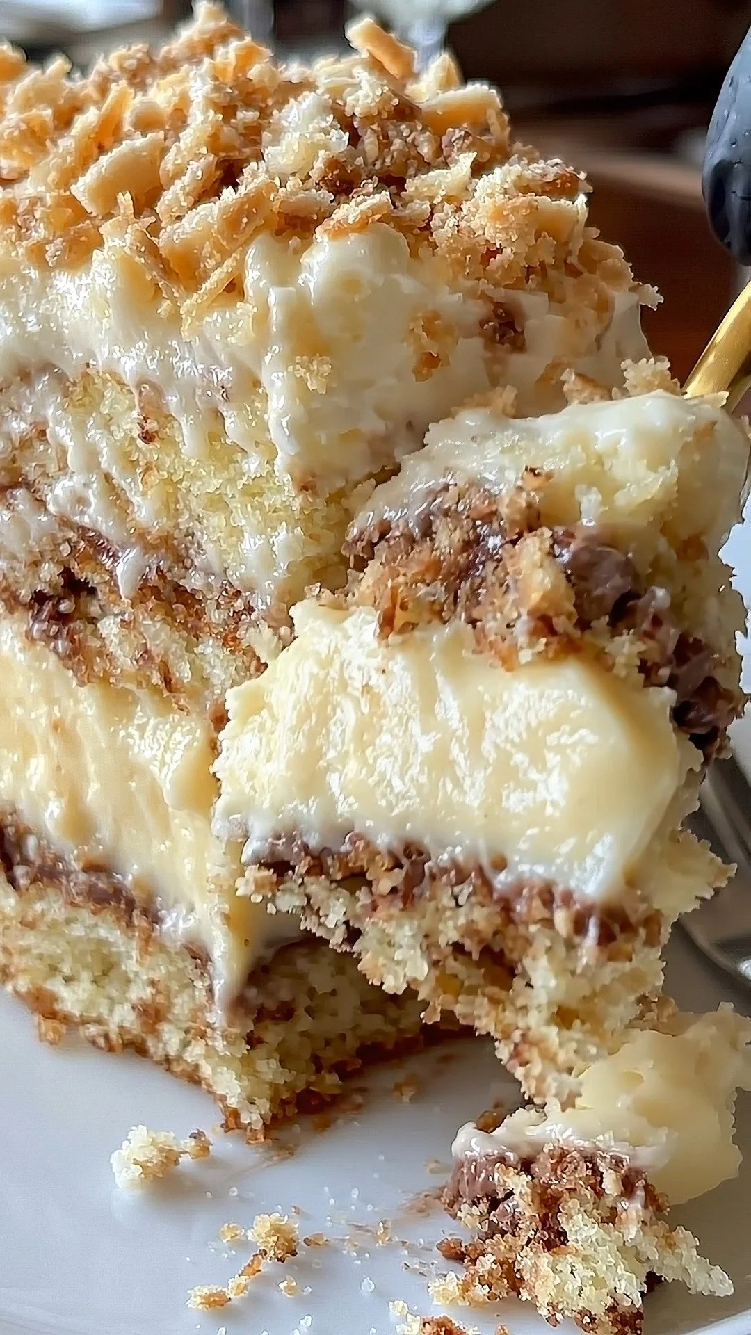 White German chocolate cake with cheesecake center, sliced on a plate